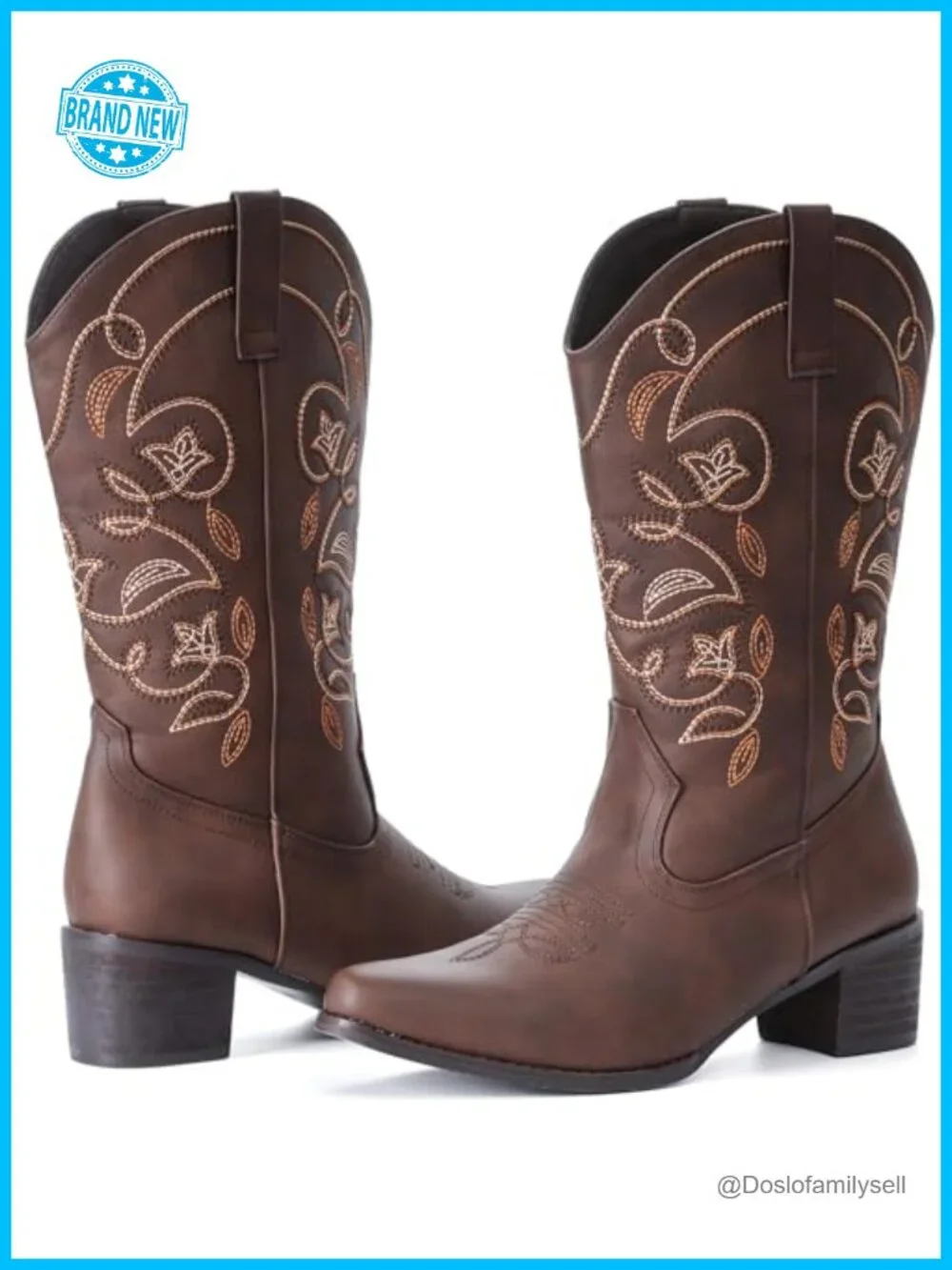 Women Mid Calf Cowboy Boots Wide Calf Pointy Toe Western Boots Synthetic Leather